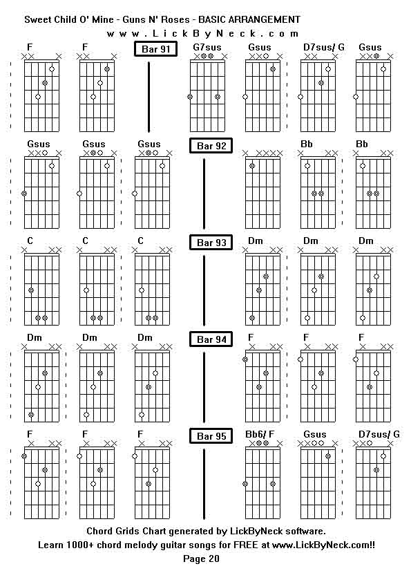 Chord Grids Chart of chord melody fingerstyle guitar song-Sweet Child O' Mine - Guns N' Roses - BASIC ARRANGEMENT,generated by LickByNeck software.